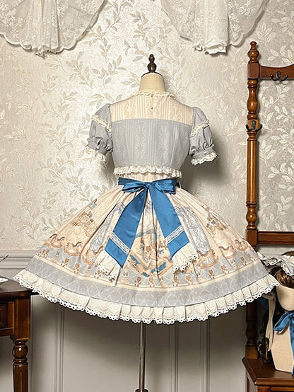 Print Round Blue Sweet Neck Dress Kitty OP Lolita Ruffle Teddy and