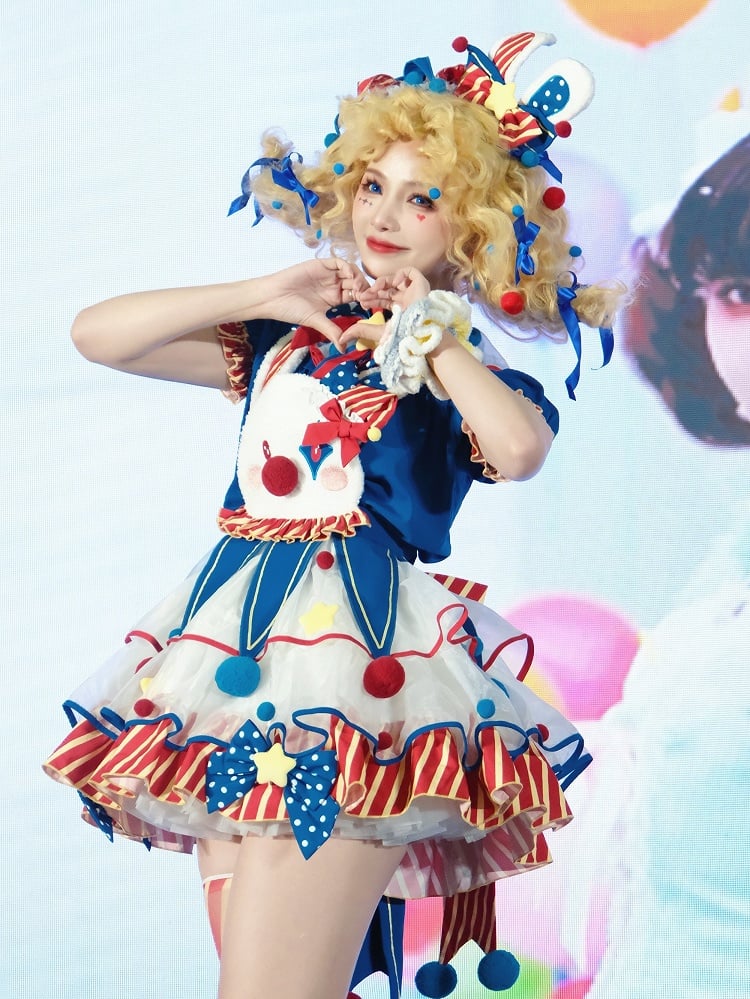Clown Dark Bunny Dress Blue Clowncore Overalls Fleece Lolita Pastel Sweet Circus Red and Bodice