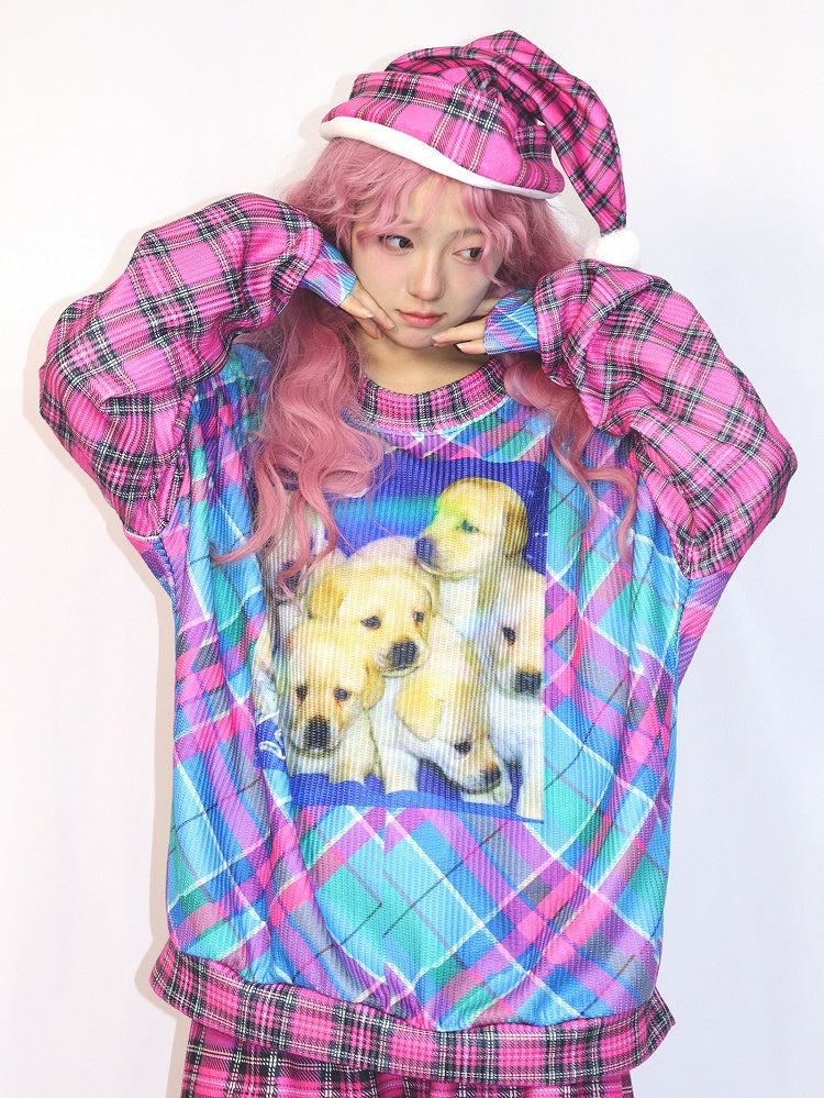 Pink Gyaru Oversized Sweatshirt With Plaid Pattern And Puppy Print Fashion and Blue