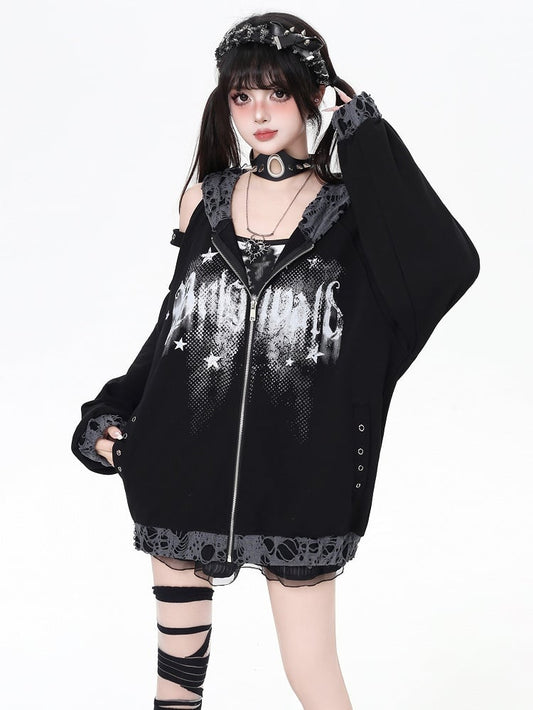 Zip-up Hooded Jacket with Distressed Holes and Cutout Shoulder White/Black