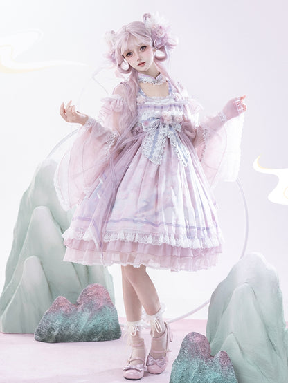 Han Bow Lolita Piece Long Pink-Purple Semi-sheer Print Sleeves Big Dress Whale Wide One