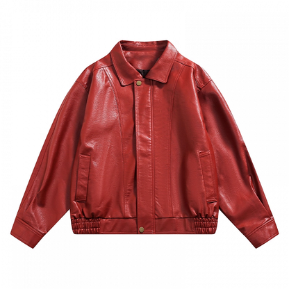 Red PU Leather Zip-up Jacket for Vintage Autumn