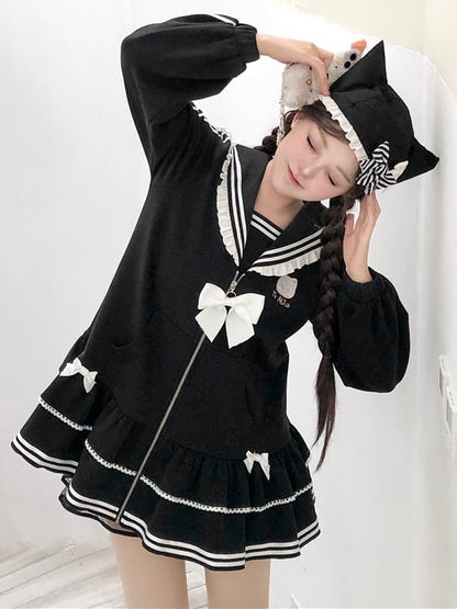 Embroidery Zip Kitty Jirai Kei Collar Dress Black Landmine Style Sailor Closure