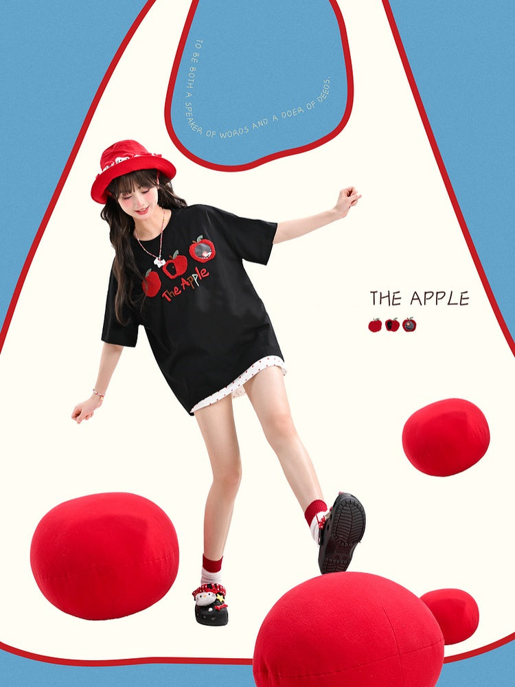 T-Shirt Apricot/Black Round Neck Apple Embroidery Loose