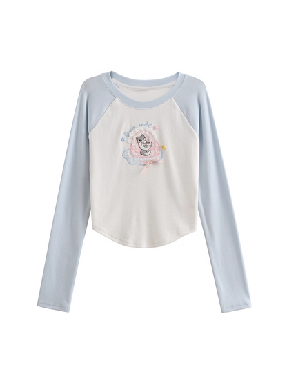 Cartoon Kitty Embroidery Blue and White Colorblock Design Top