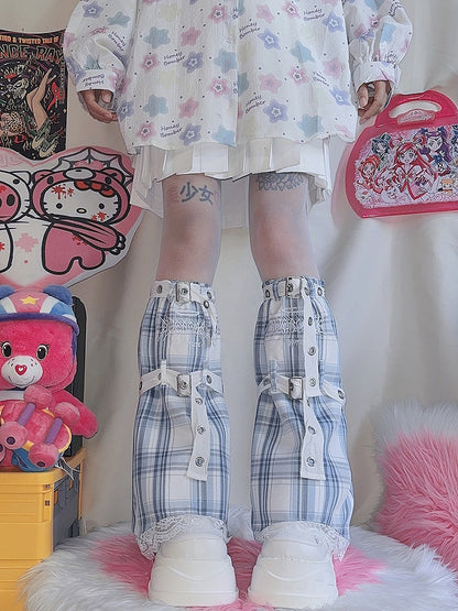 Black&White/Pink/Blue/Black&Grey Plaid Leg Warmers with Buckle Straps