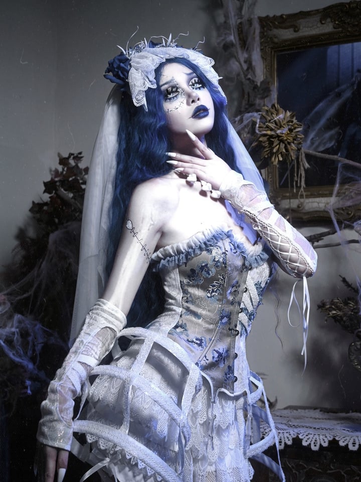 Half White Half Dusty Blue Corpse Bride Floral Corset Top