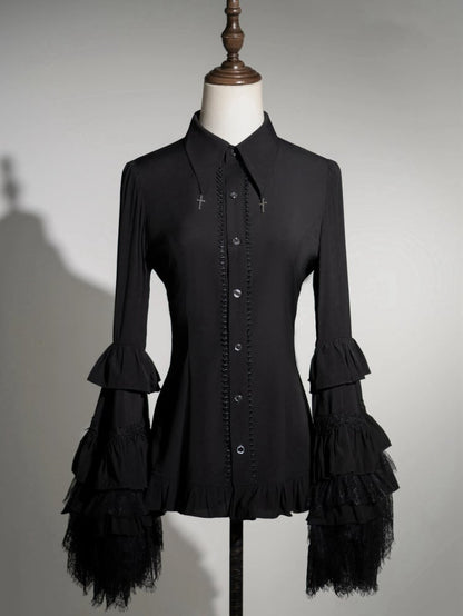 Black Layered Bell Sleeves Gothic Lolita Shirt Cross Charm Pointed Collar