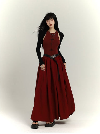 Gothic Wine Red High Waist Cross Print Backless Version Sleeveless Dress