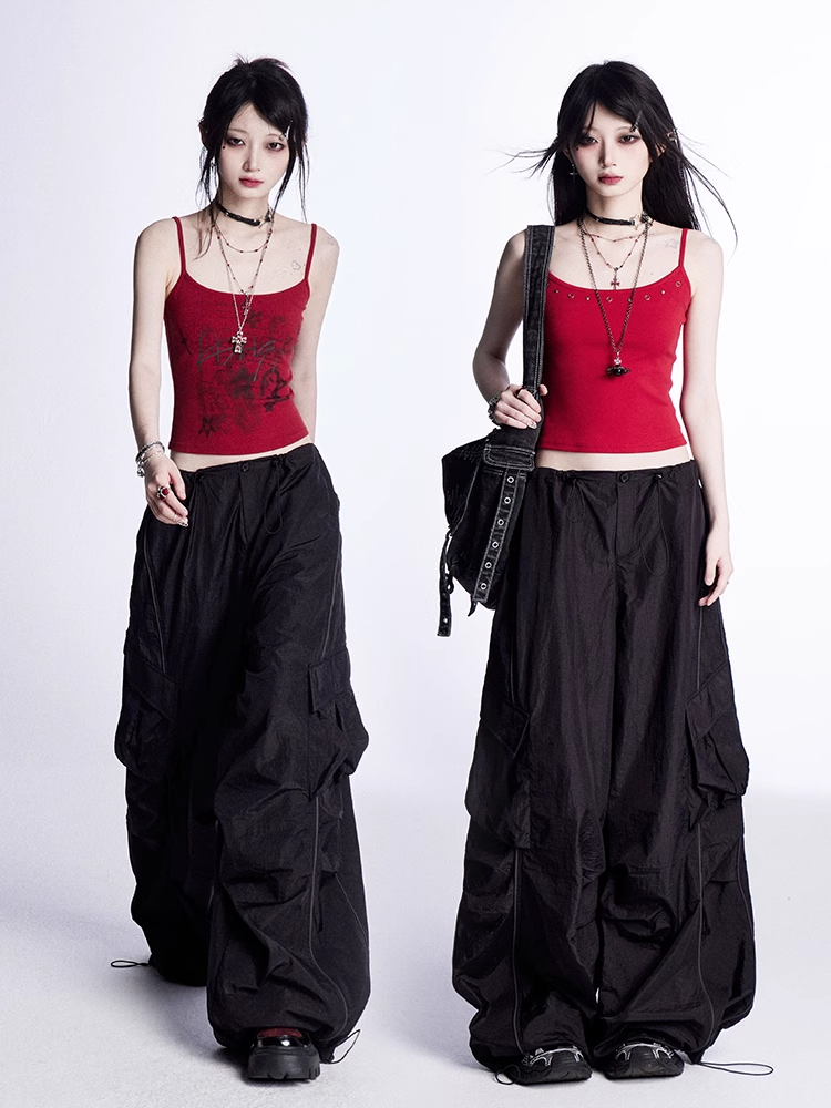 Wide-Leg Cargo Pants Waist Drawstring Cuffs Vintage Black	Low