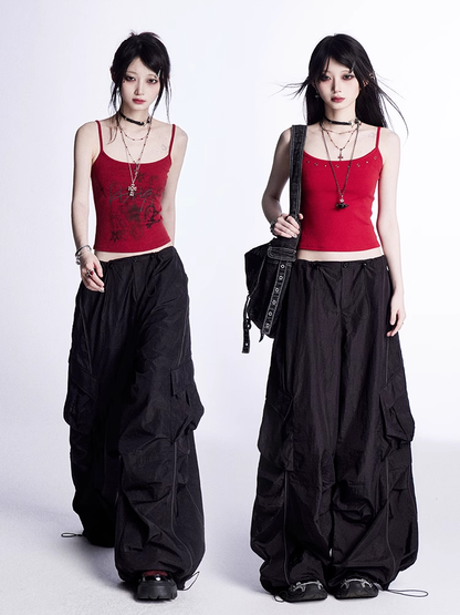 Wide-Leg Cargo Pants Waist Drawstring Cuffs Vintage Black	Low