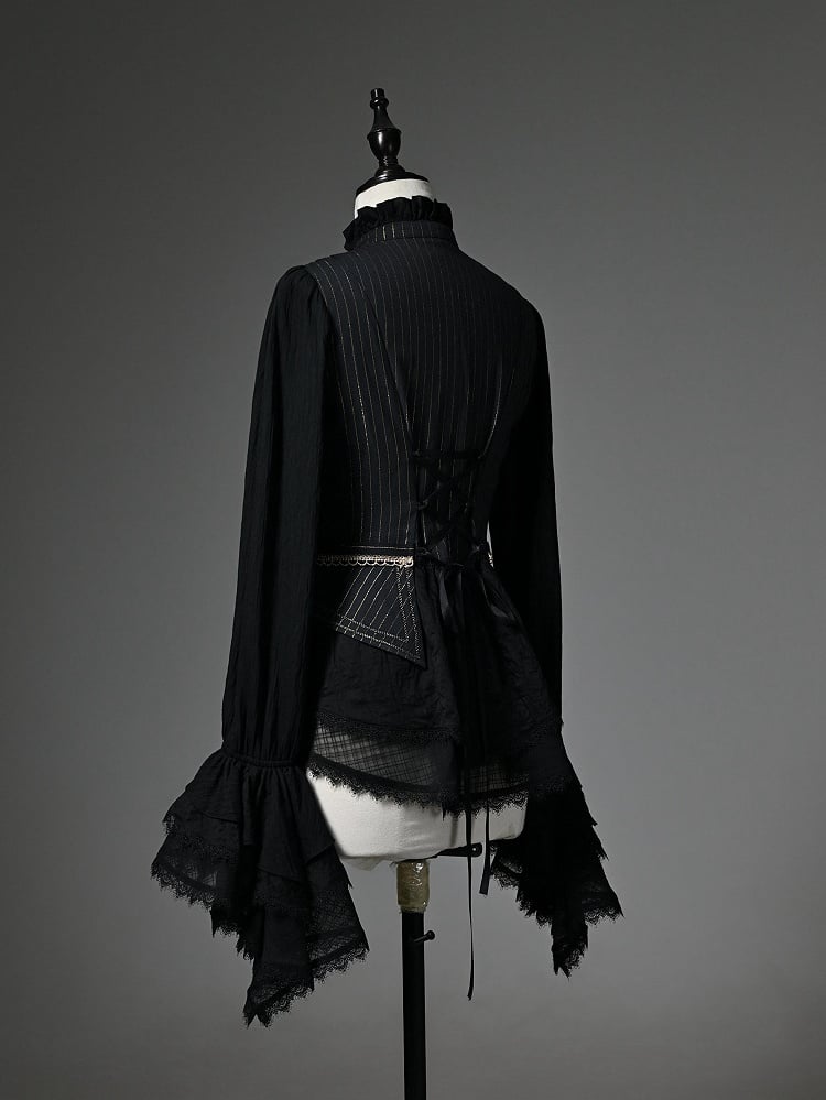 Black Ruffle Neckline Long Cuffs Sleeves Jabot Cadcading
