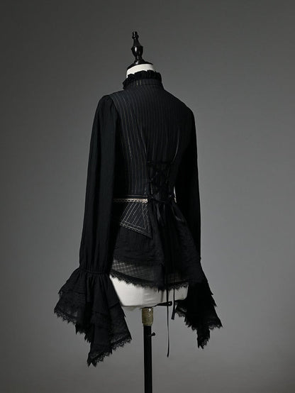 Black Ruffle Neckline Long Cuffs Sleeves Jabot Cadcading