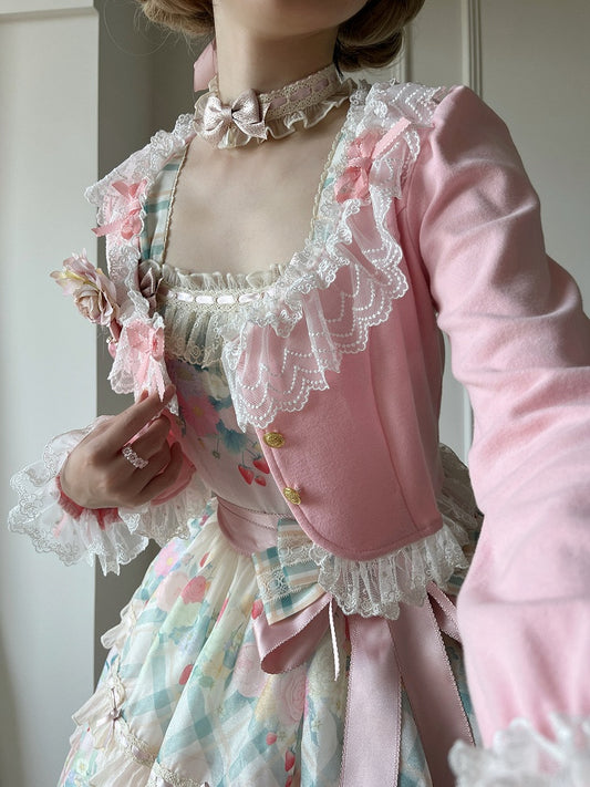Cropped Pink Cardigan Triple with Edging Lace Bow-Detailed Cute Design