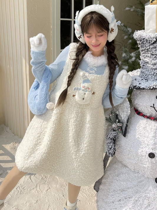 Robe salopette blanche en peluche ornée d'un joli bonhomme de neige