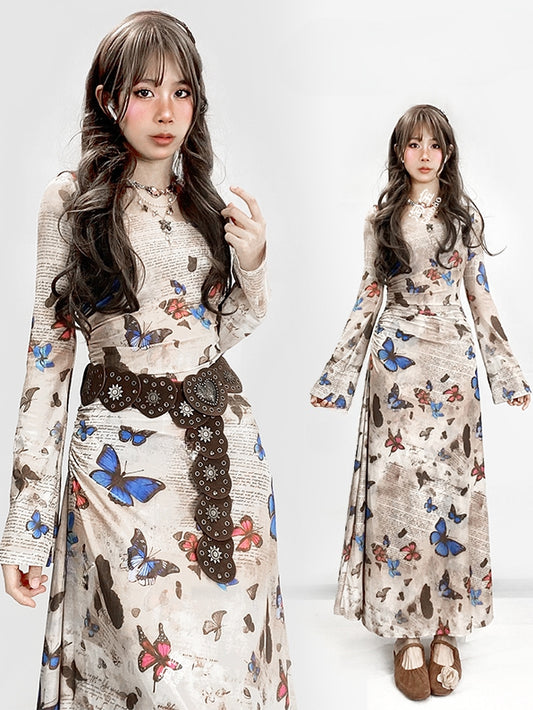 Millard Fashion Vintage Light Coffee Round Neck Butterfly Gathering Details Dress