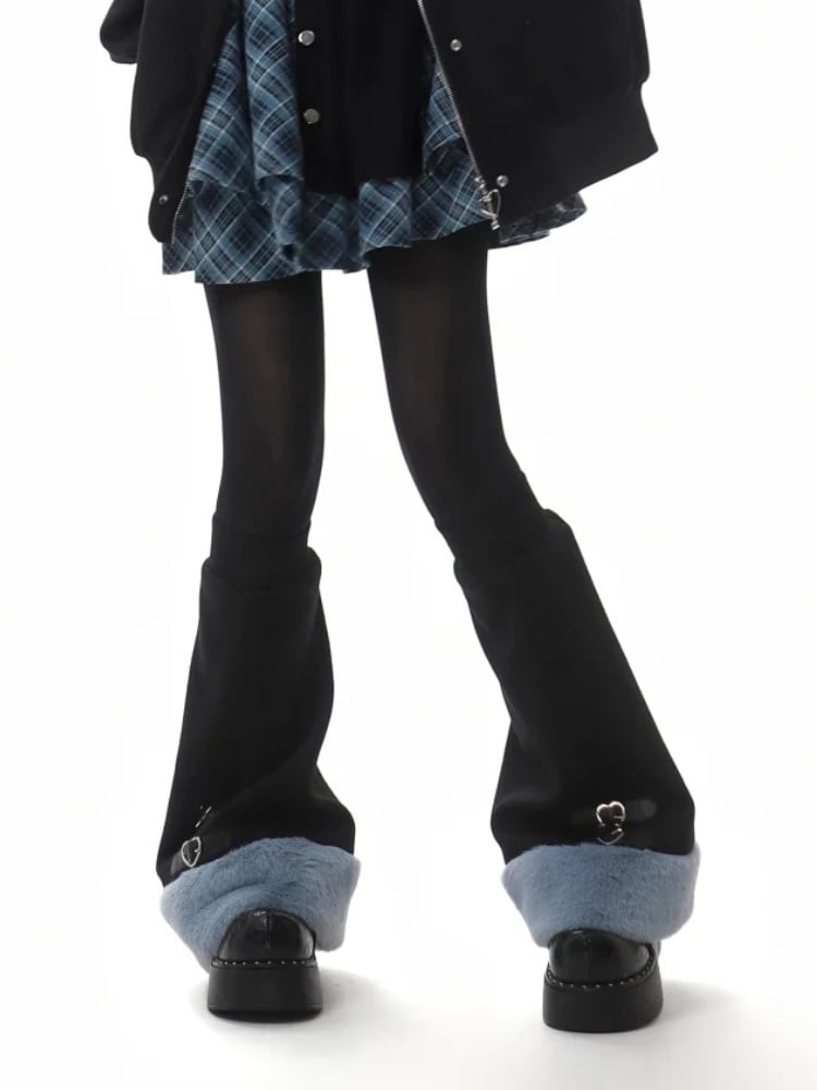 Blue&Black Plush Trim Leg Warmers with Buckle