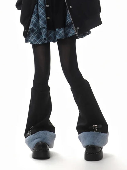 Blue&Black Plush Trim Leg Warmers with Buckle