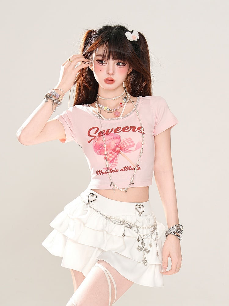 Trim Sweet Lollipop Print Lace T-Shirt Pink/Apricot Glamorous Cropped