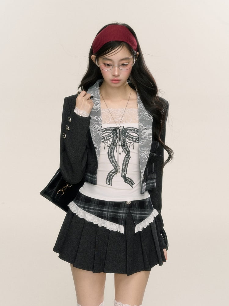 Dark Gray Rosette Lace Applique Blazer