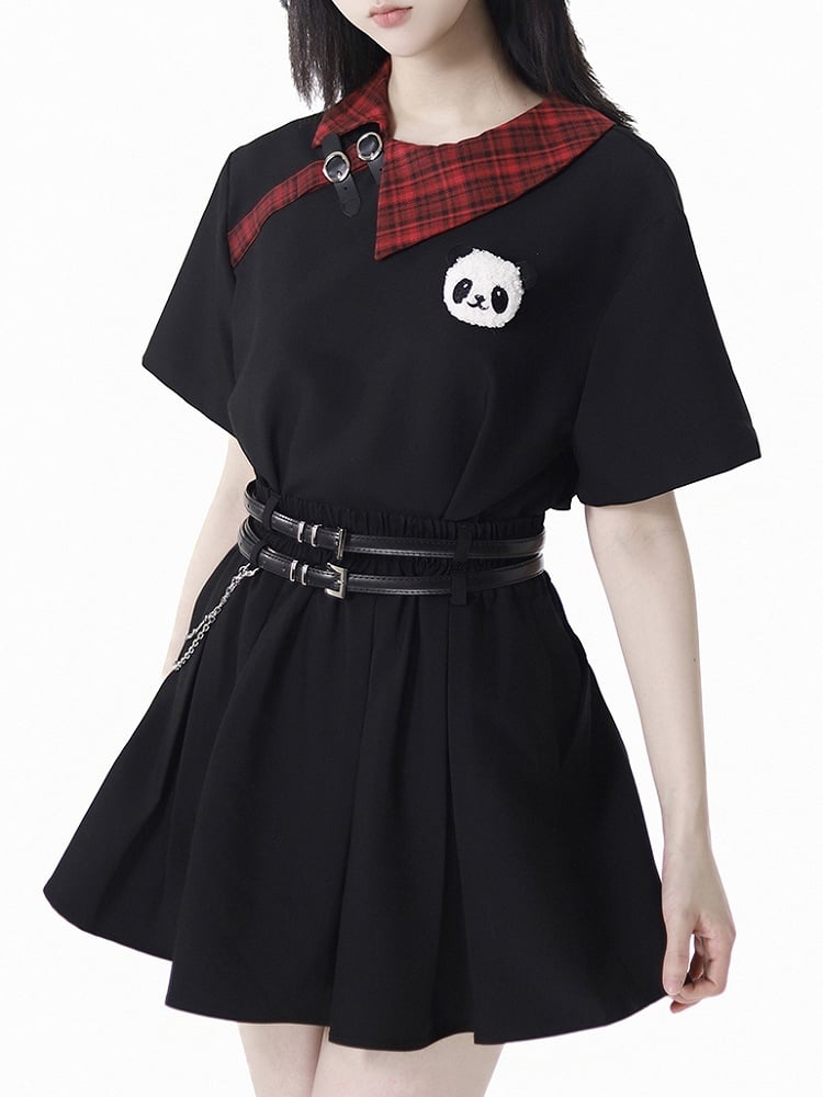 T-Shirt with Panda Straps Plushie Red Plaid Collar Black Buckle