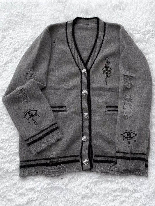 Gray with Guro Kawaii Eye and Snake Embroidery Distressed Holes Knit Cardigan