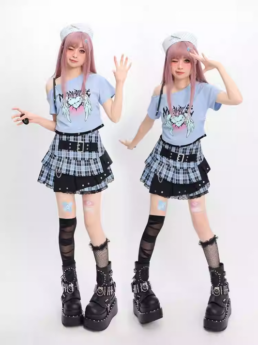 Y2K Light Blue Buckle Strap Tiered Plaid Skirt