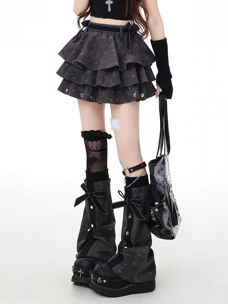 Dark Leg Details Tiered Skirt Flared with Free Warmers Gray Bowknot