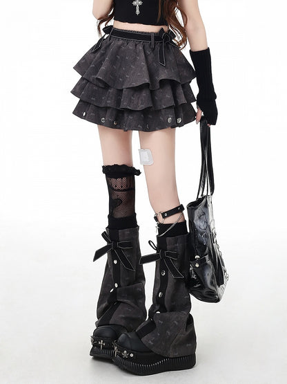 Dark Leg Details Tiered Skirt Flared with Free Warmers Gray Bowknot