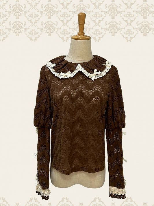 Long Collar Top Sleeves Knitted Coffee Pan Peter