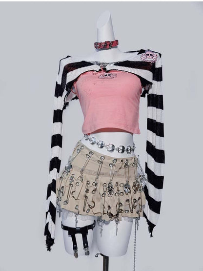 Punk Khaki Asymmetrical Hem Pin Skeleton Cross Skirt