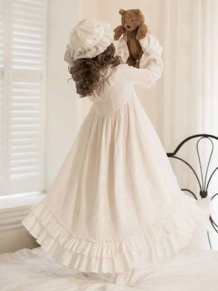 Neck All Ruffled Sleeves Long White Shiro Lolita Layered Ruffle Hemline Dress