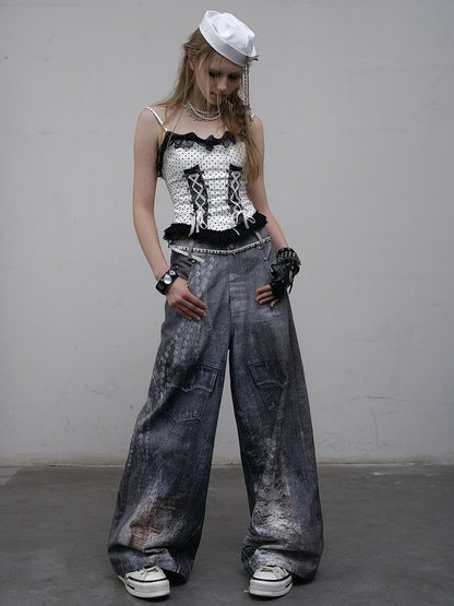 Print Lace Jeans Cut Wide-leg Blue Chain Punk Wasteland Details