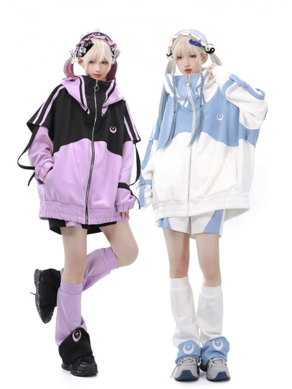 Light Blue and White Zip Up Front Jacket Long Sleeves Tenshi Kaiwai Sweatershirt