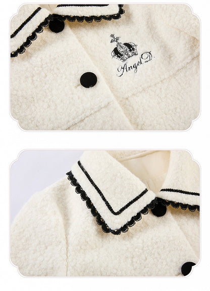 Black Heart-shaped White Embroidery Detail Woolen Pockets with Coat