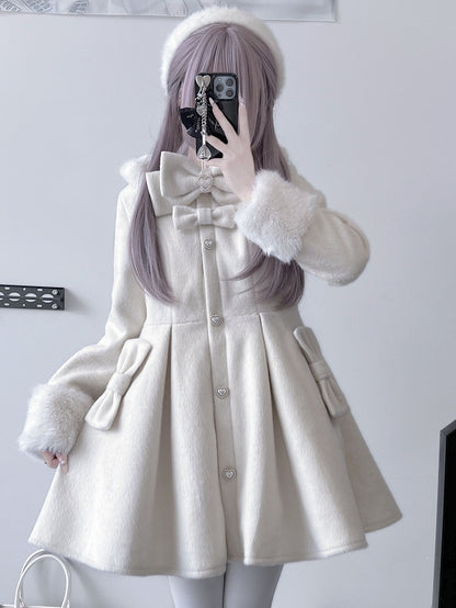 Bowknot Jirai Beige Kei Details Collar and Decorated Plush Cuffs Coat Beaded