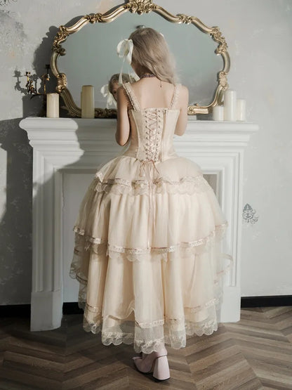 Champagne Lace-up Details Boned Corset Top + High-low Layered Lolita Skirt
