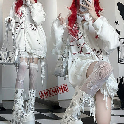 Guro Cat Print Heart Decorated Zip-up And Ear Hoodie White Letter Kawaii Studs