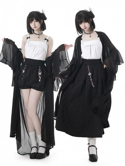 Gepunkteter Rock mit Quastenanhänger, schwarzer elastischer Bund, Cheongsam-Stil