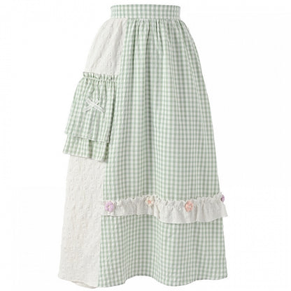 Mori Kei Green Plaid Knitted Floral Bowknots Details Skirt