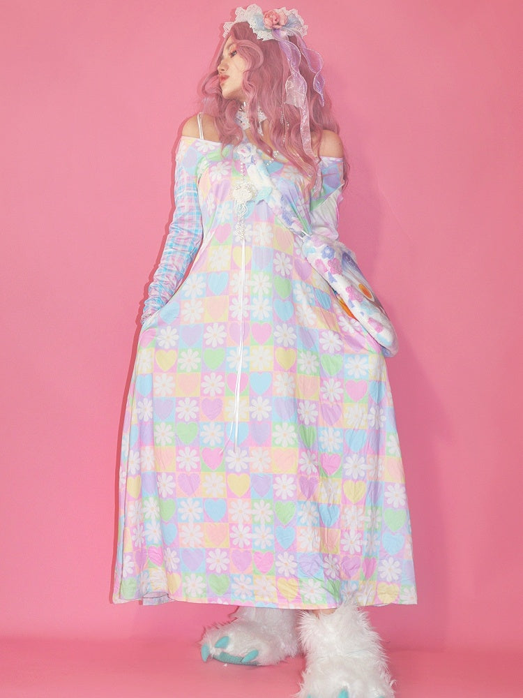 Colorful Bear Y2K Print Floral Heart Pattern And Dress Checked