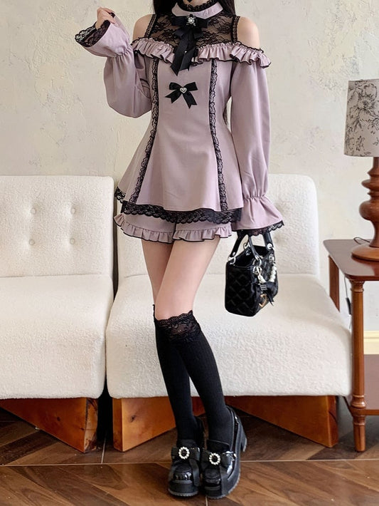 Illusion Skirt Neckline Cutout Shoulder Hem Shorts Mini Dress Jirai Kei Black Ruffled Set with Purple