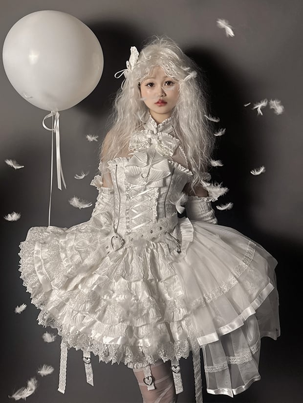 Set Halter Lolita Neck Sleeveless Gothic Skirt Tiered Full + Shiro White Top