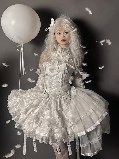 Set Halter Lolita Neck Sleeveless Gothic Skirt Tiered Full + Shiro White Top