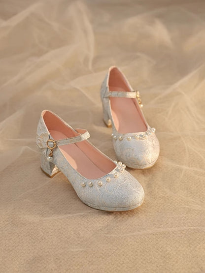 mit Qi Satin Schuhe Mittelhoher Absatz Perlen Lolita - Details Blau Blumen
