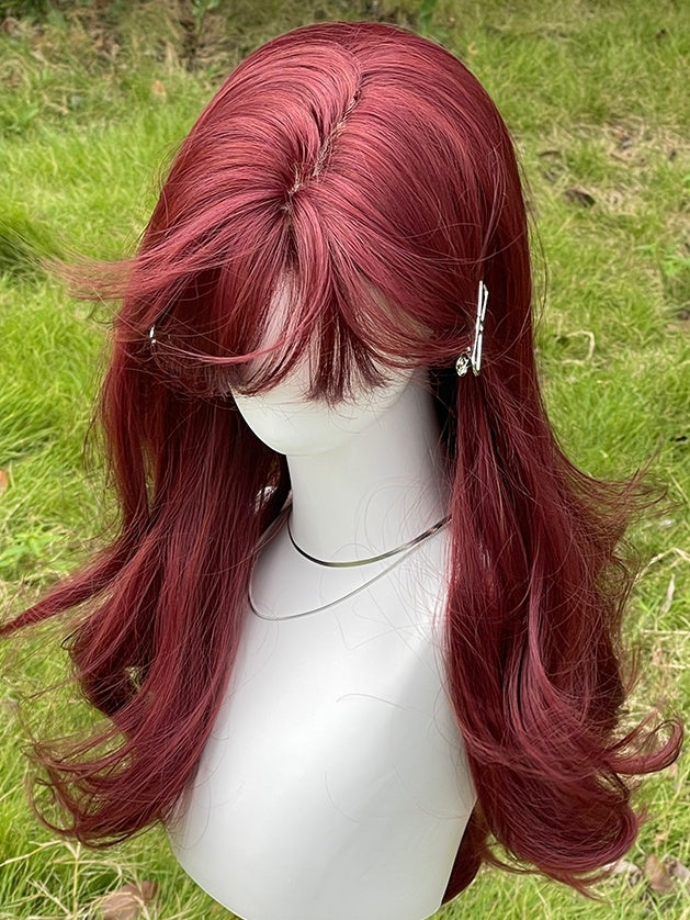 Rose Red Long Wavy Synthetic Wig With Bangs