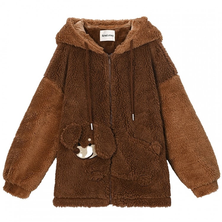 Brown Cute Puppy Pocket Design Fleece Zip Hoodie
