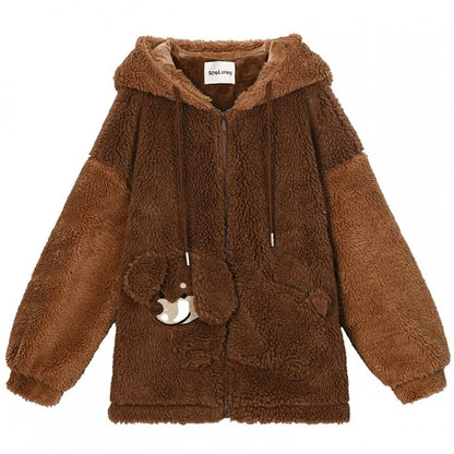 Brown Cute Puppy Pocket Design Fleece Zip Hoodie