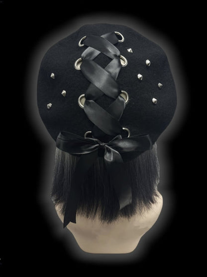 Y2K Black Lace-up Detail Studs Wool Beret