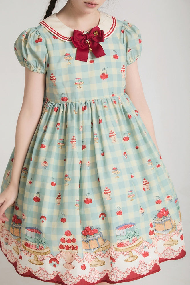 Robe Sweet Lolita vichy taille haute vert menthe à imprimé cerises et desserts